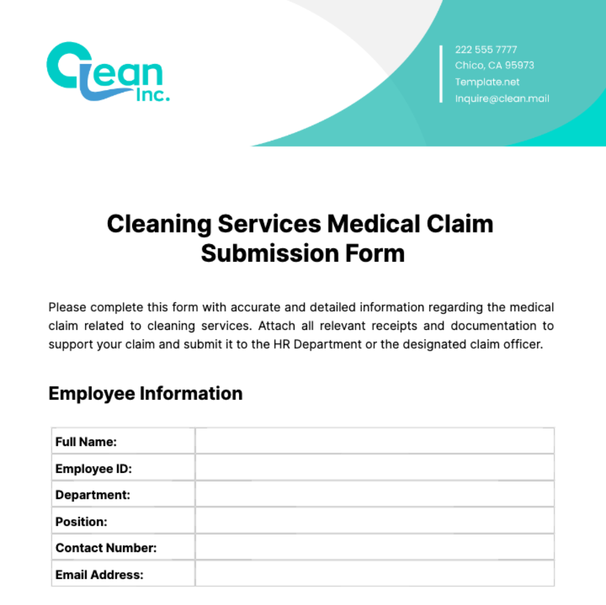 Cleaning Services Medical Claim Submission Form Template
