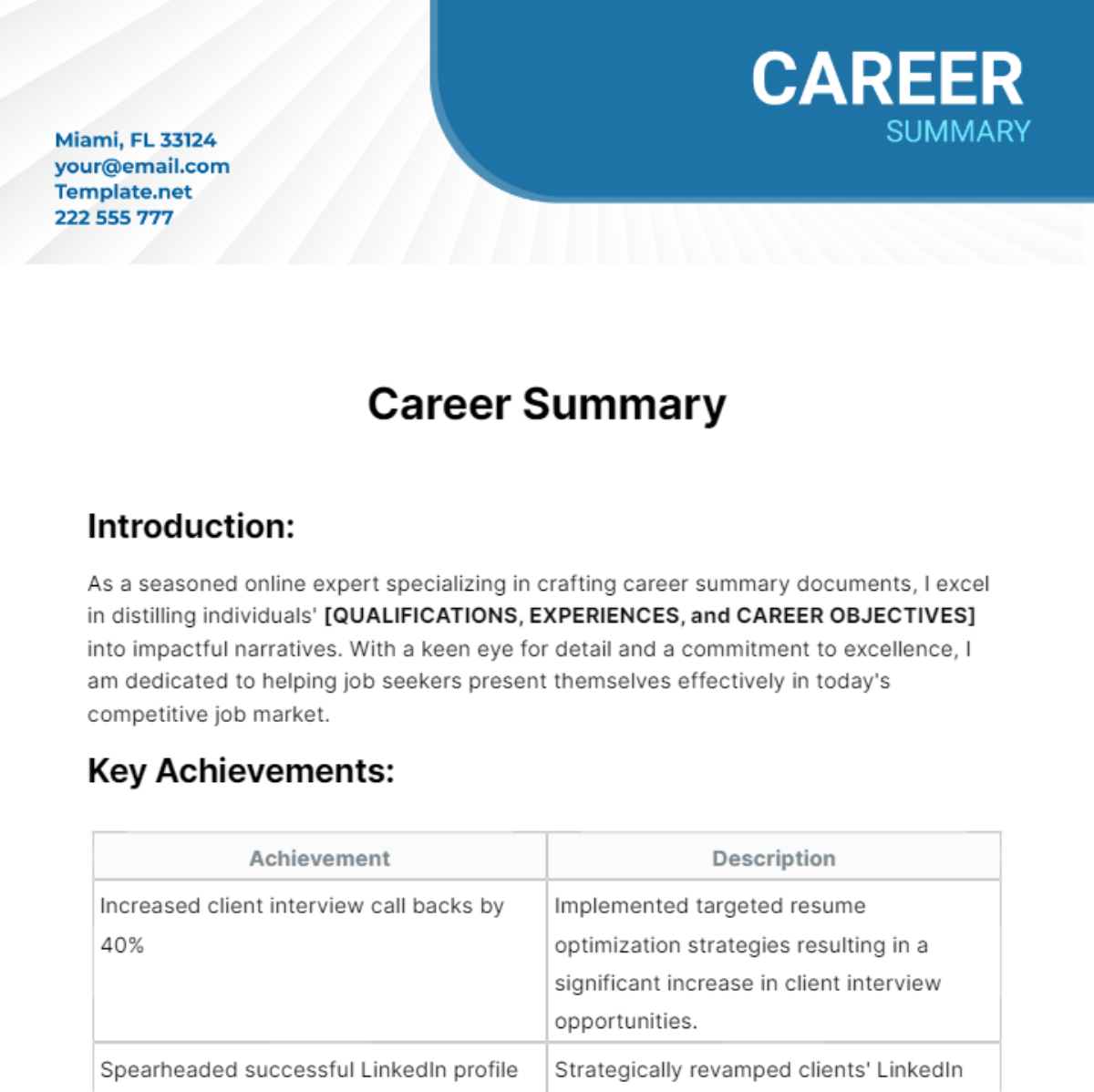 Free Career Summary Template