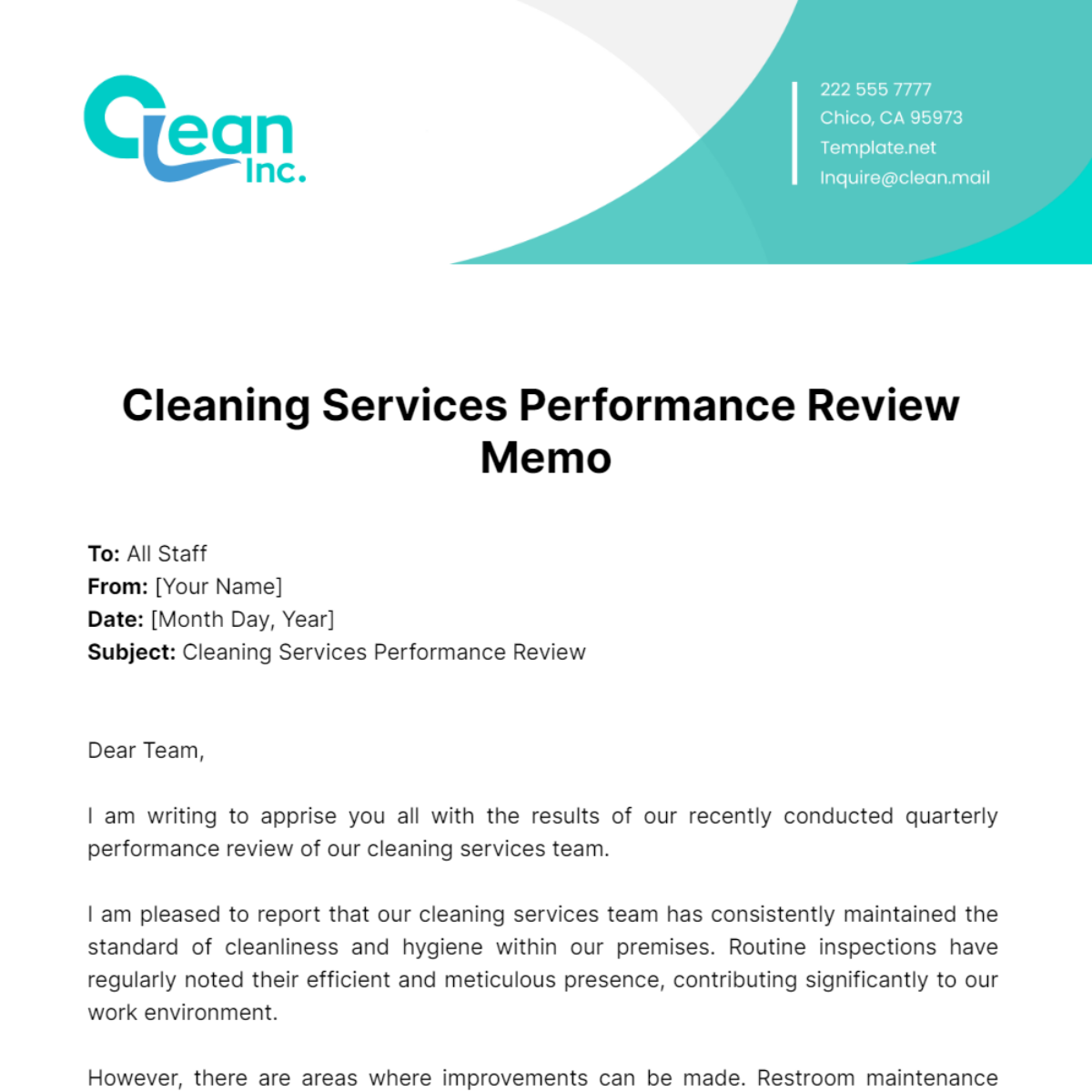 Cleaning Services Performance Review Memo Template - Edit Online & Download