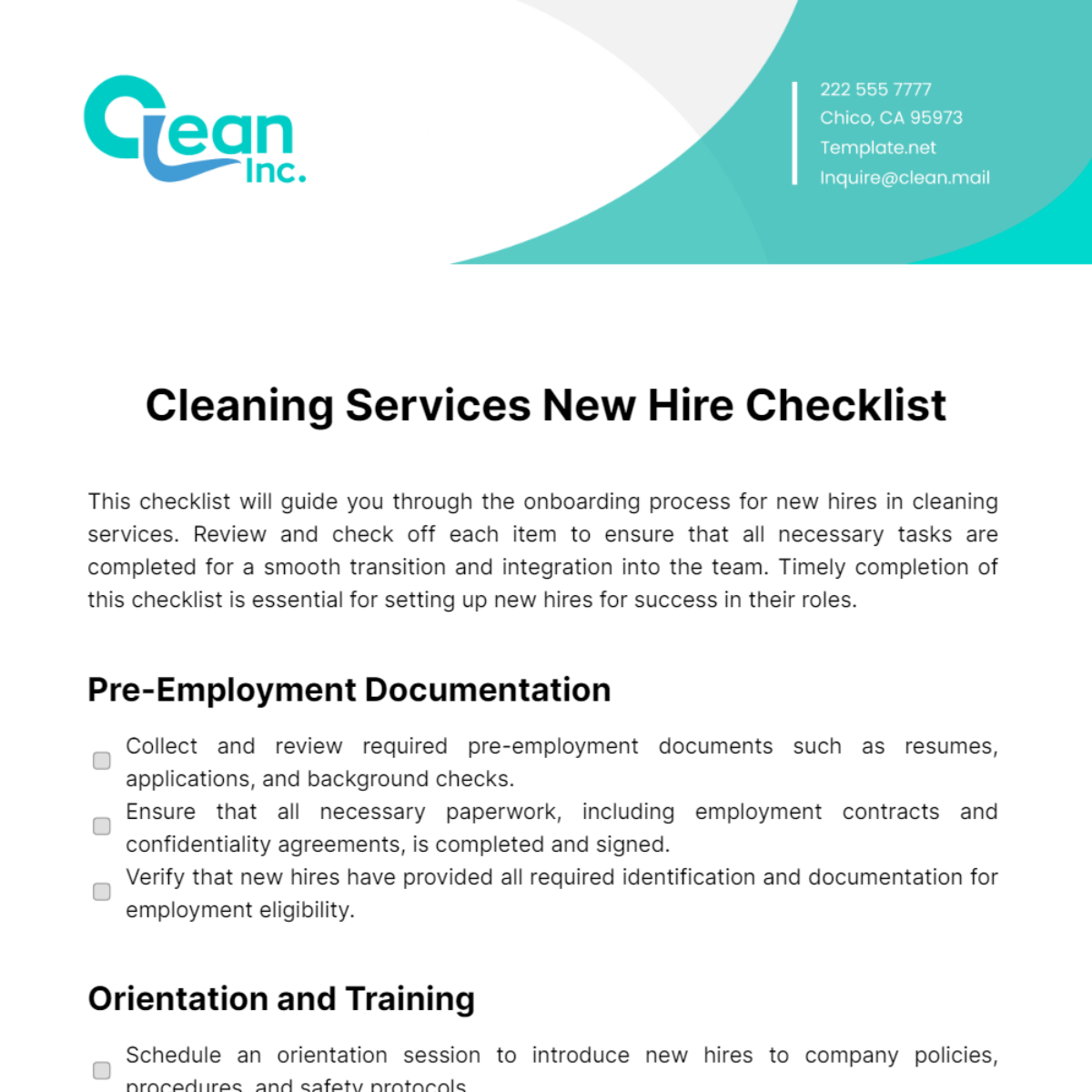 Cleaning Services New Hire Checklist Template - Edit Online & Download