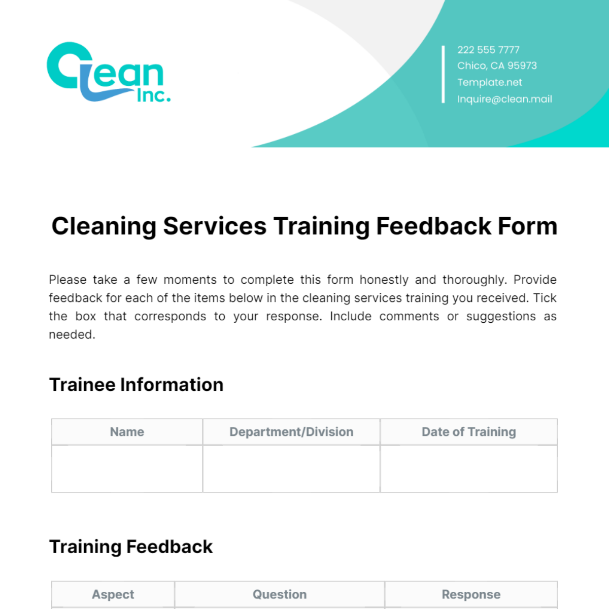 Cleaning Services Training Feedback Form Template - Edit Online & Download