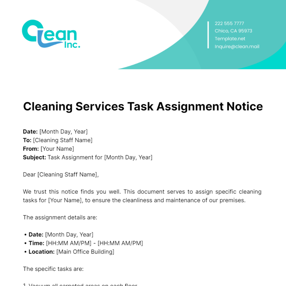 Cleaning Services Task Assignment Notice Template - Edit Online & Download