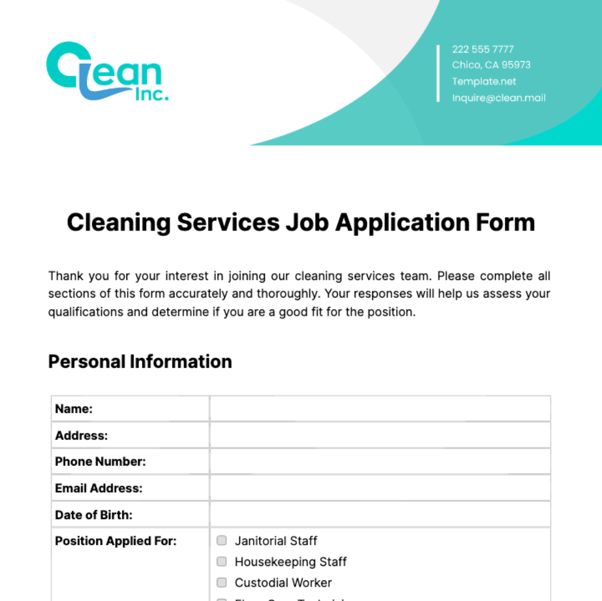 Cleaning Services Job Application Form Template