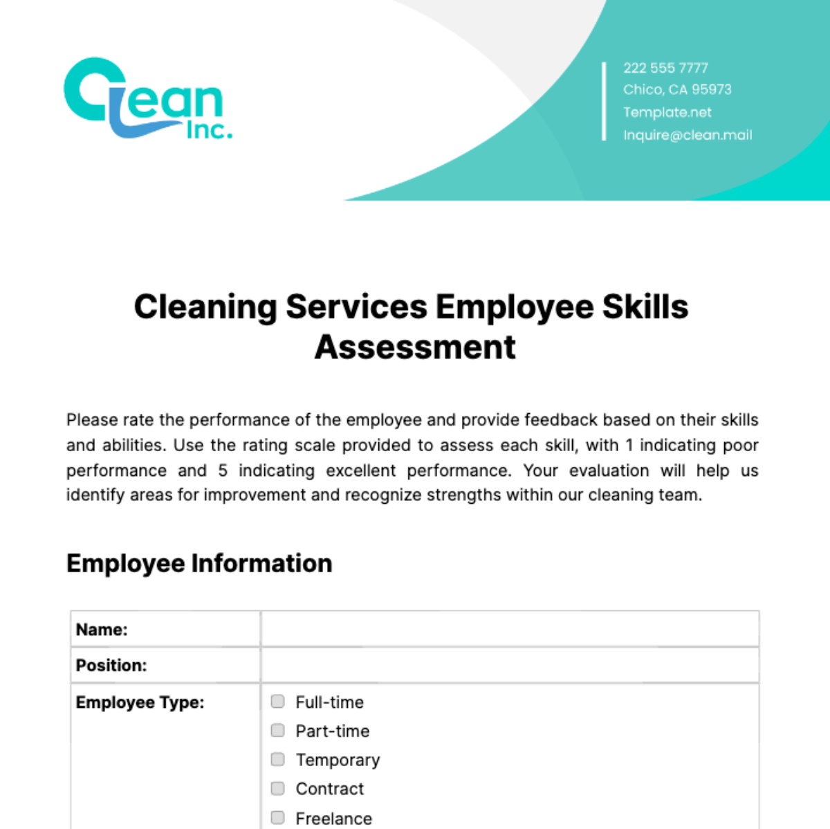 Cleaning Services Employee Skills Assessment Template - Edit Online & Download