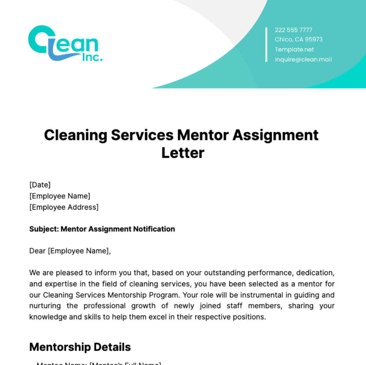 Free Cleaning Services Mentor Assignment Letter Template