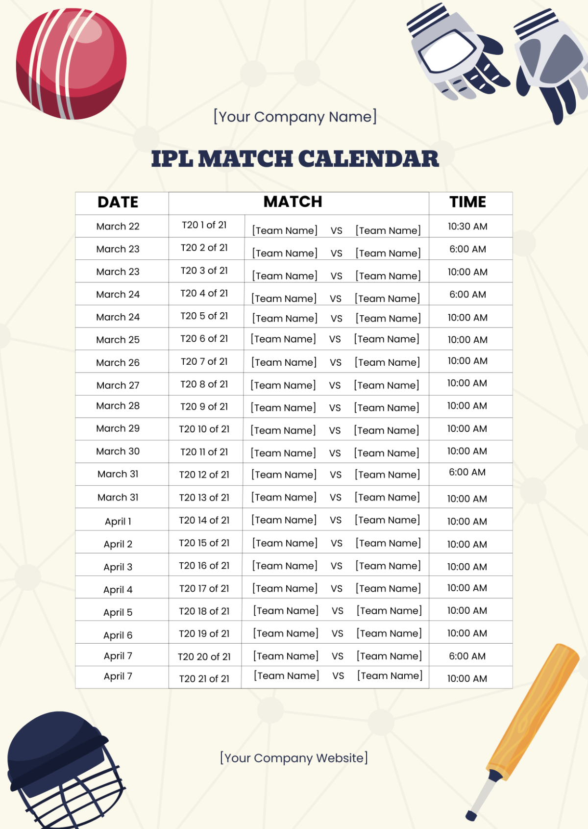 IPL Match Calendar Template