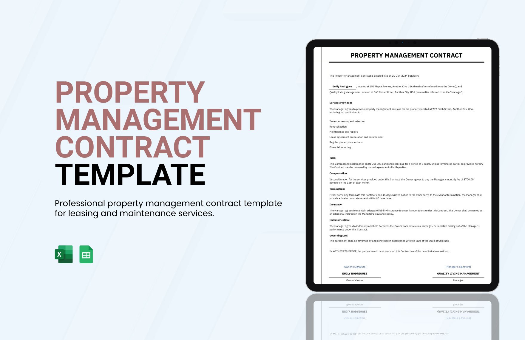 Property Management Contract Template in Excel, Google Sheets