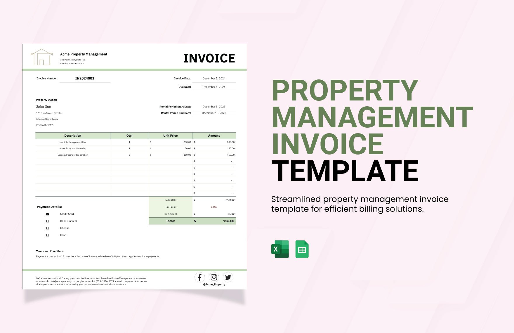 Property Management Invoice Template in Excel, Google Sheets