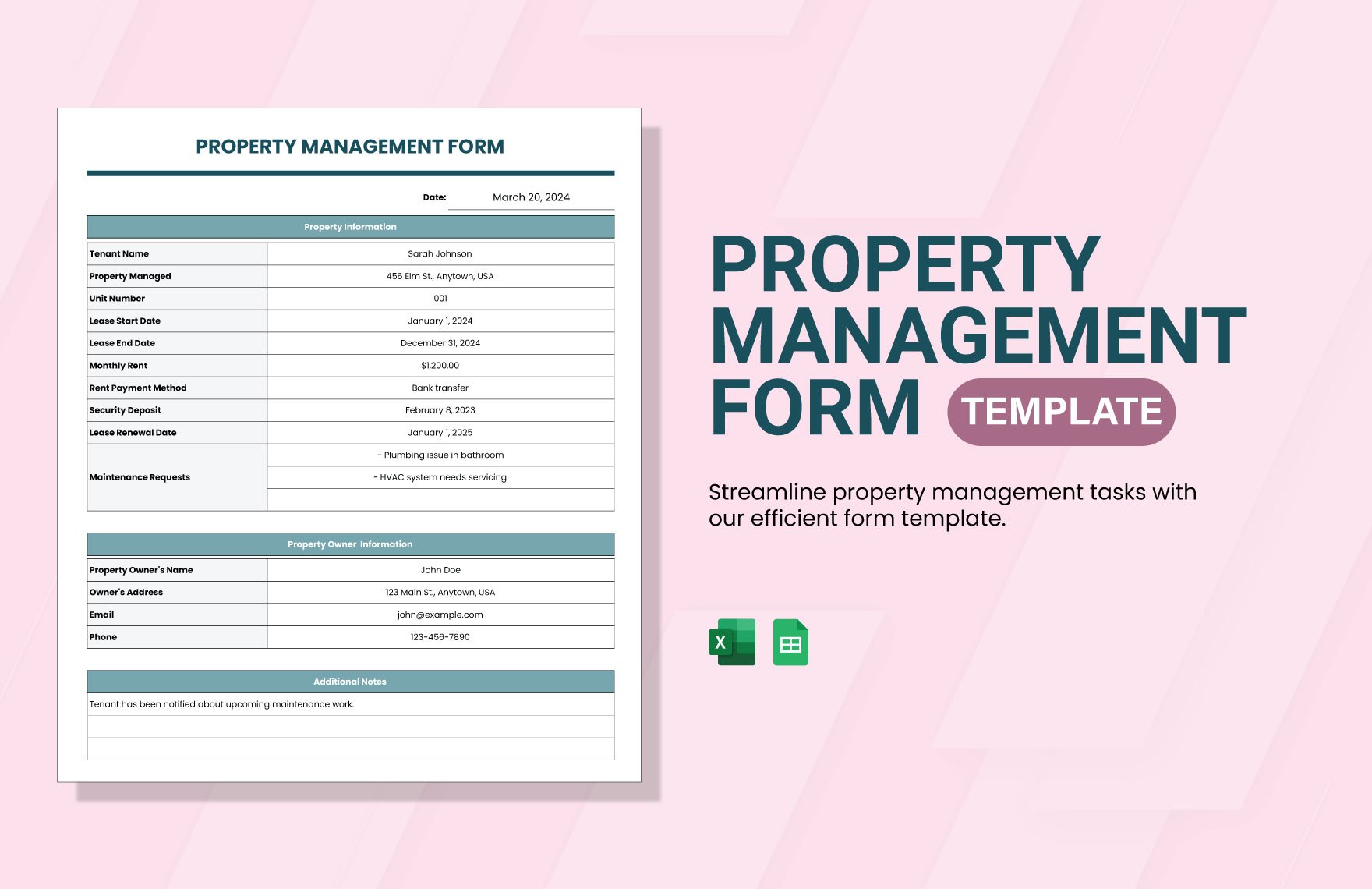 Property Management Form Template in Excel, Google Sheets