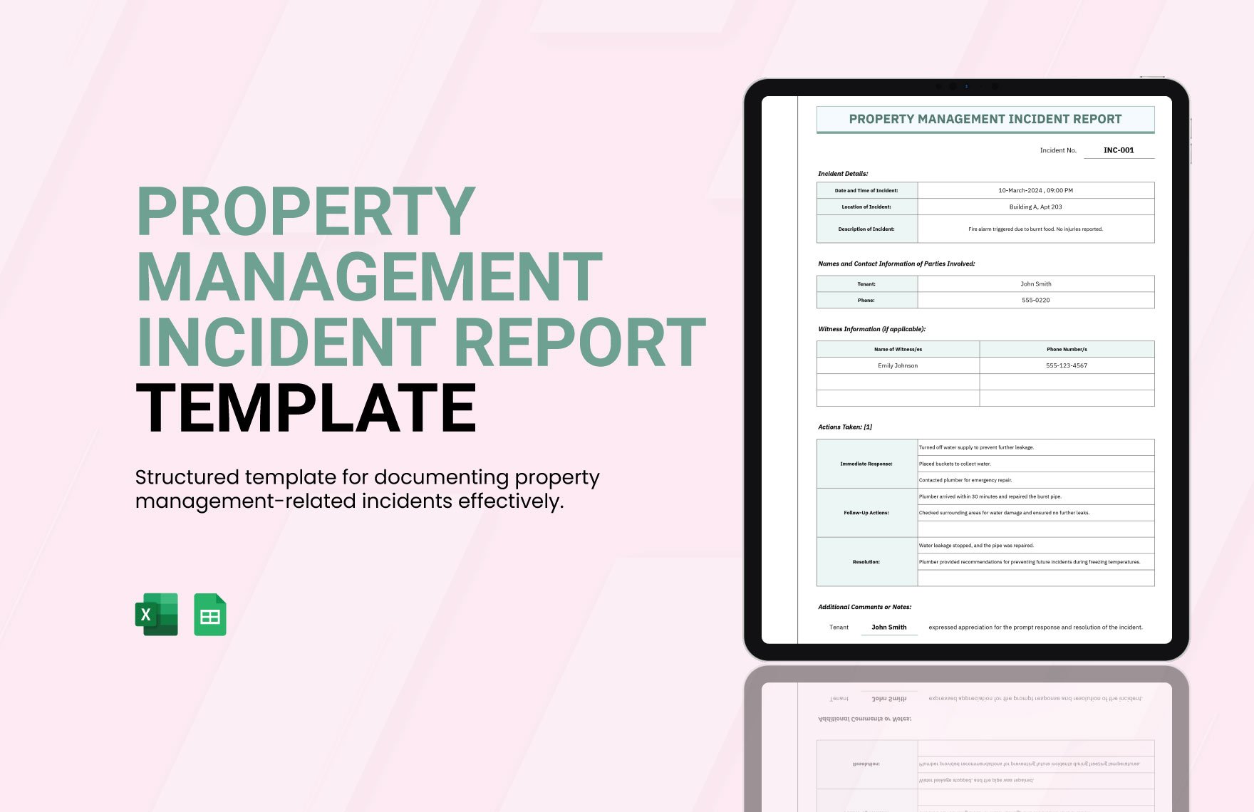 Property Management Incident Report Template in Excel, Google Sheets