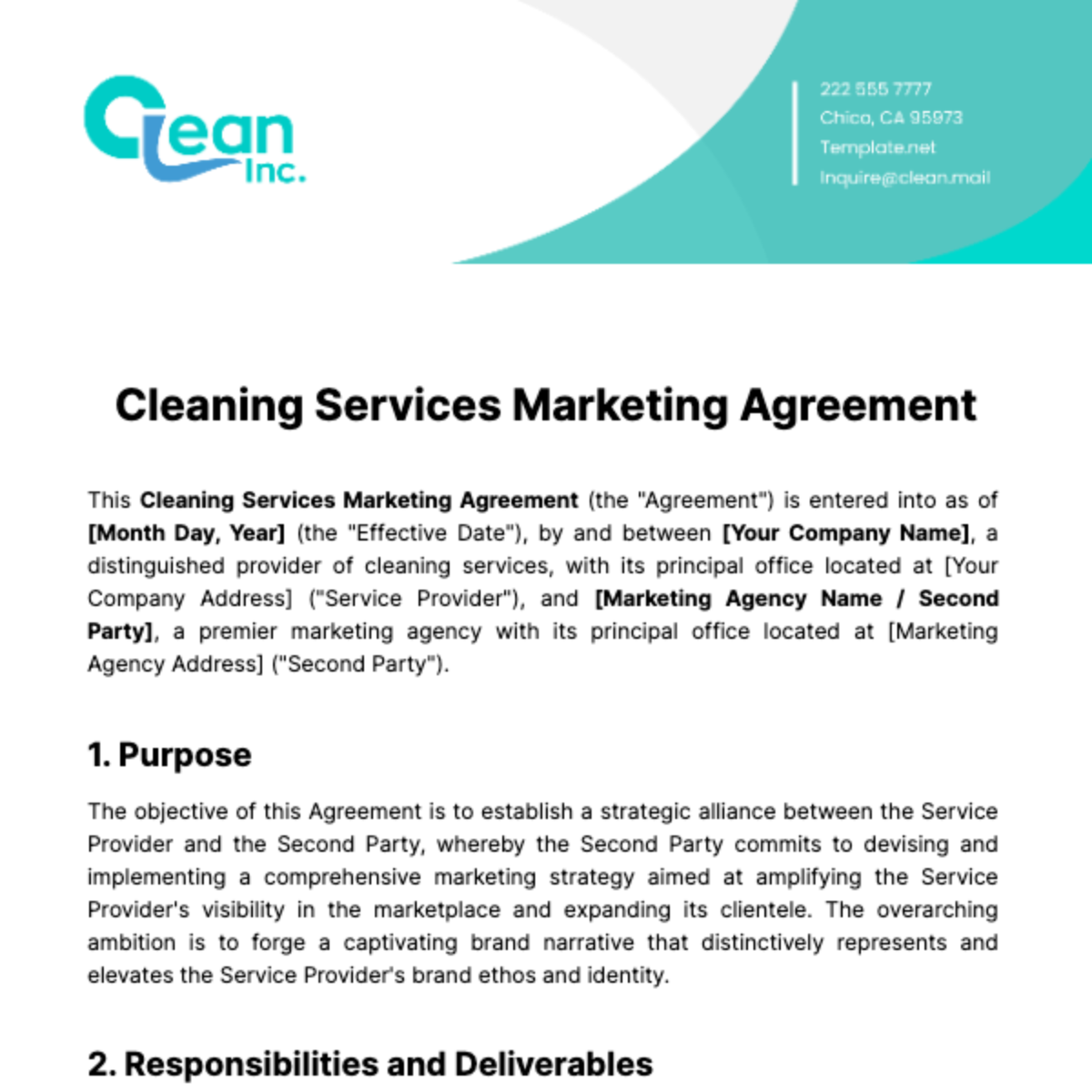 Free Cleaning Services Marketing Agreement Template
