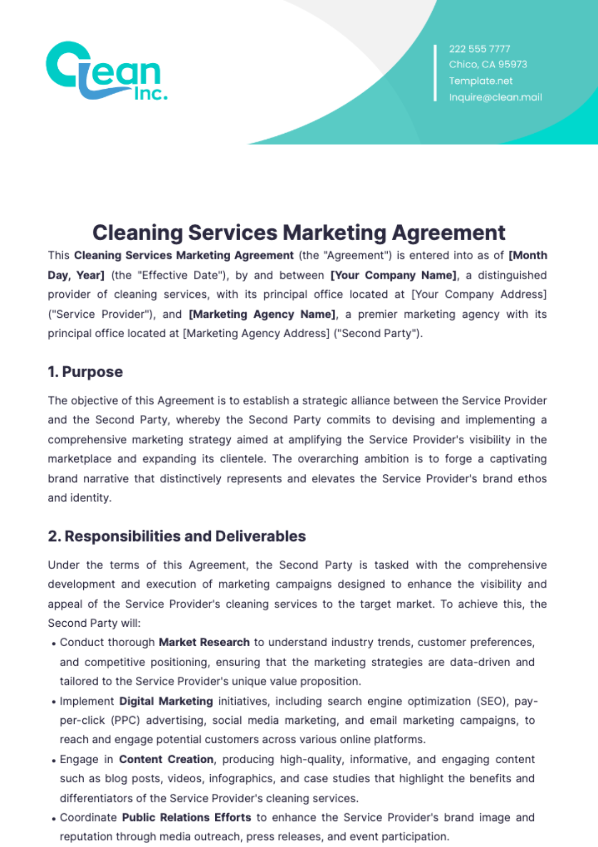 Cleaning Services Marketing Agreement Template - Edit Online & Download