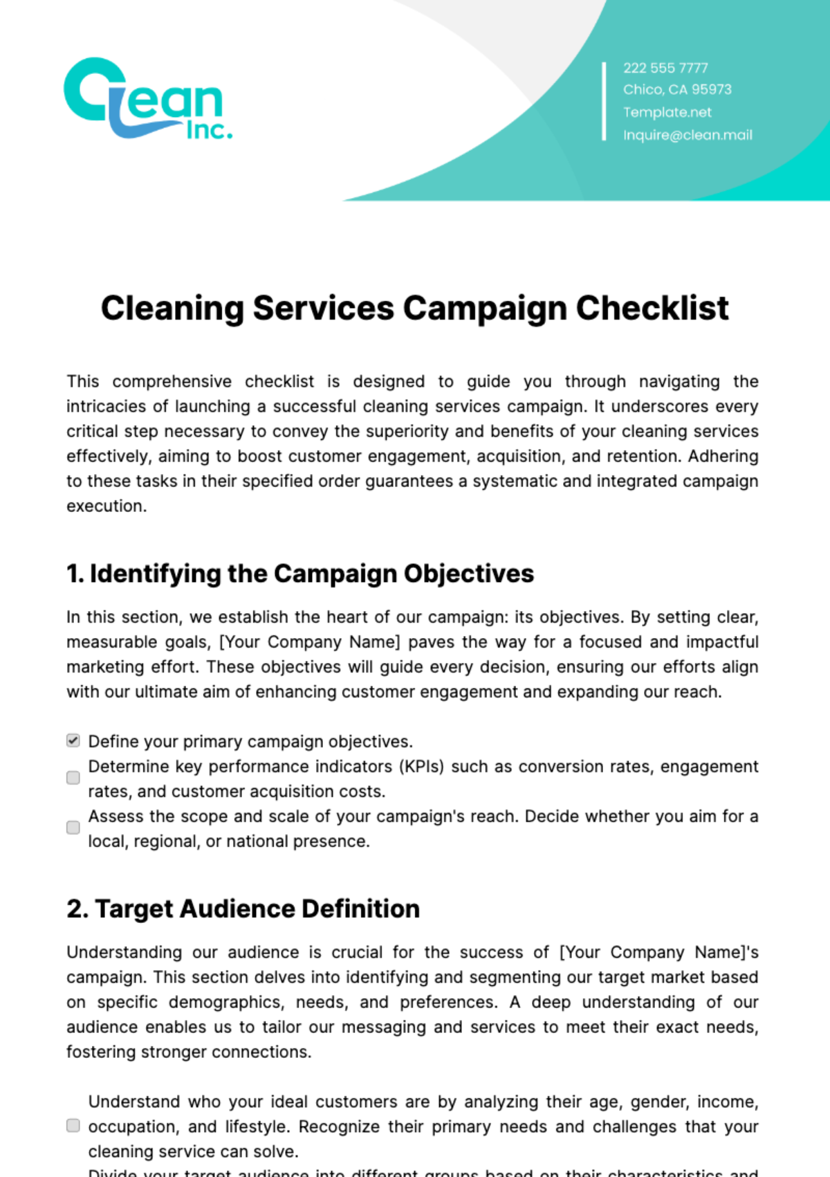 Cleaning Services Campaign Checklist Template
