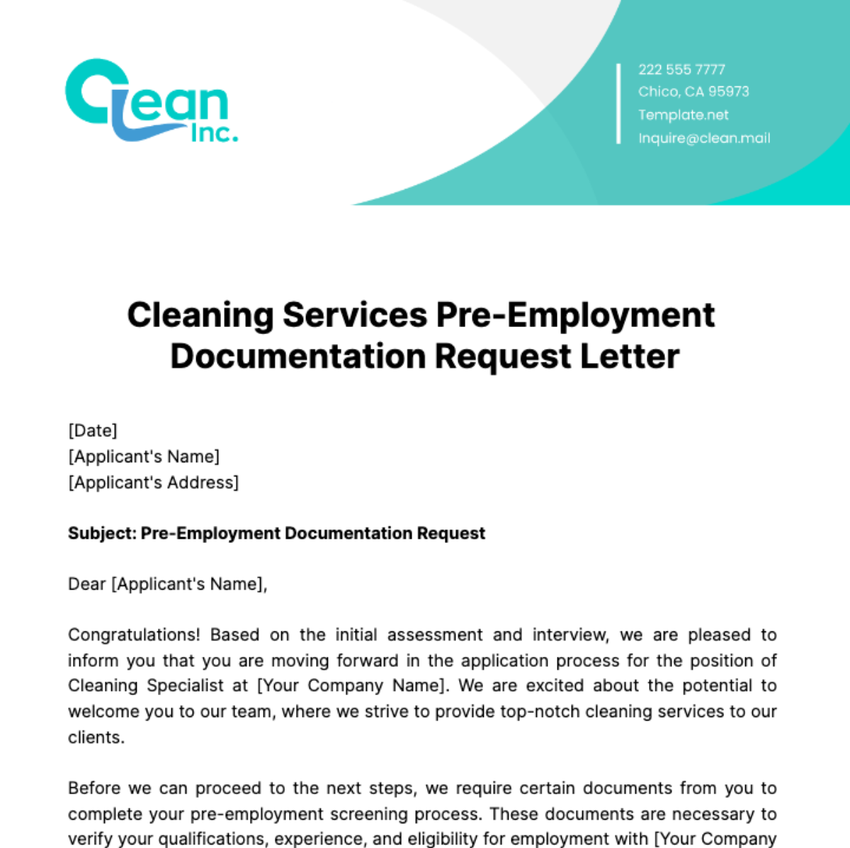 Cleaning Services Pre-Employment Documentation Request Letter Template - Edit Online & Download