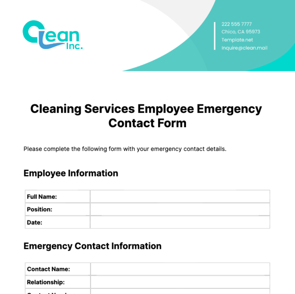Cleaning Services Employee Emergency Contact Form Template