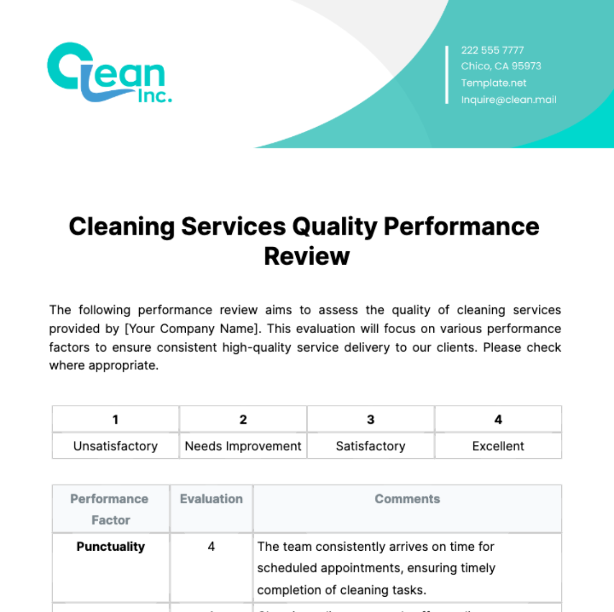 Free Cleaning Services Quality Performance Review Template
