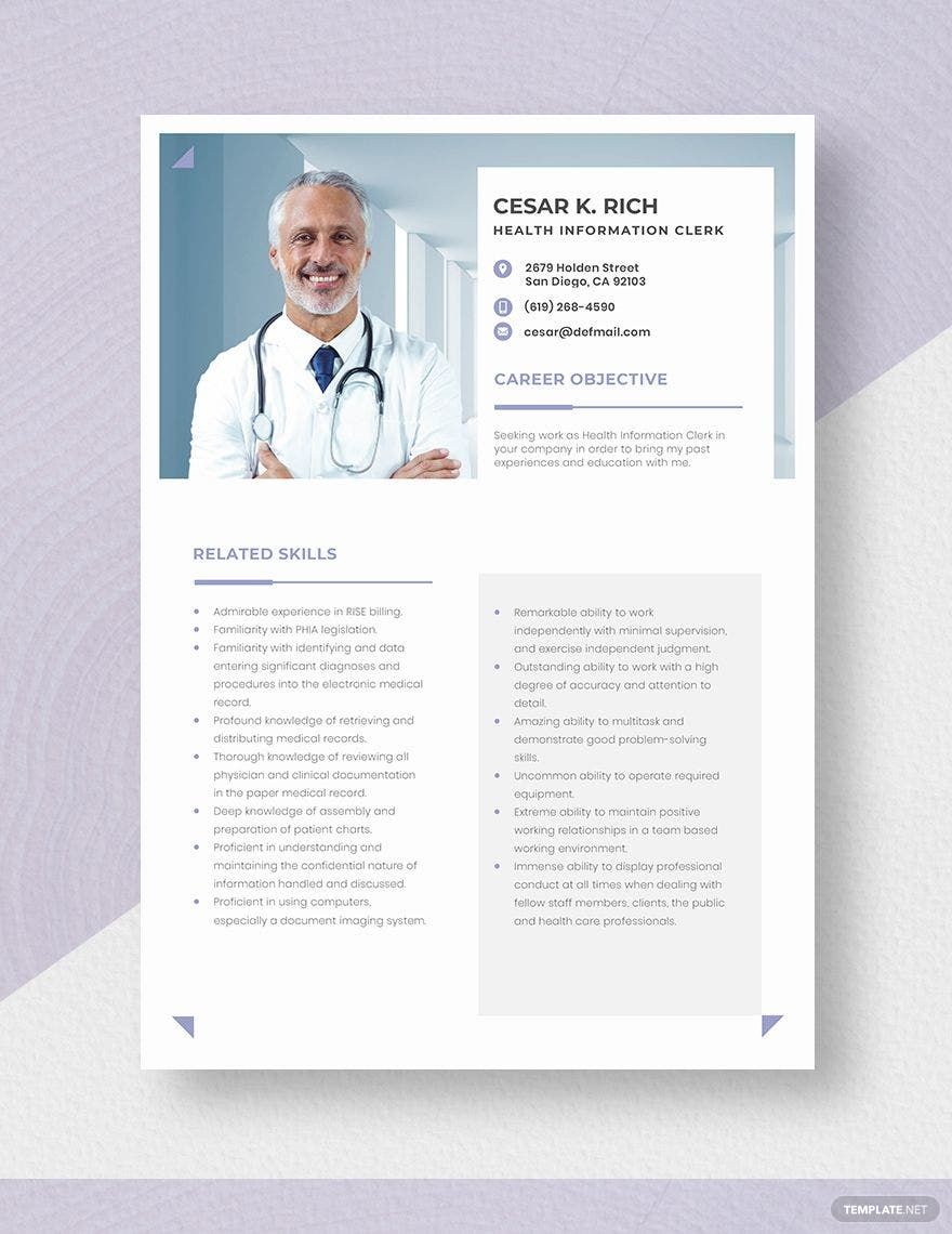 Health Information Clerk Resume Template