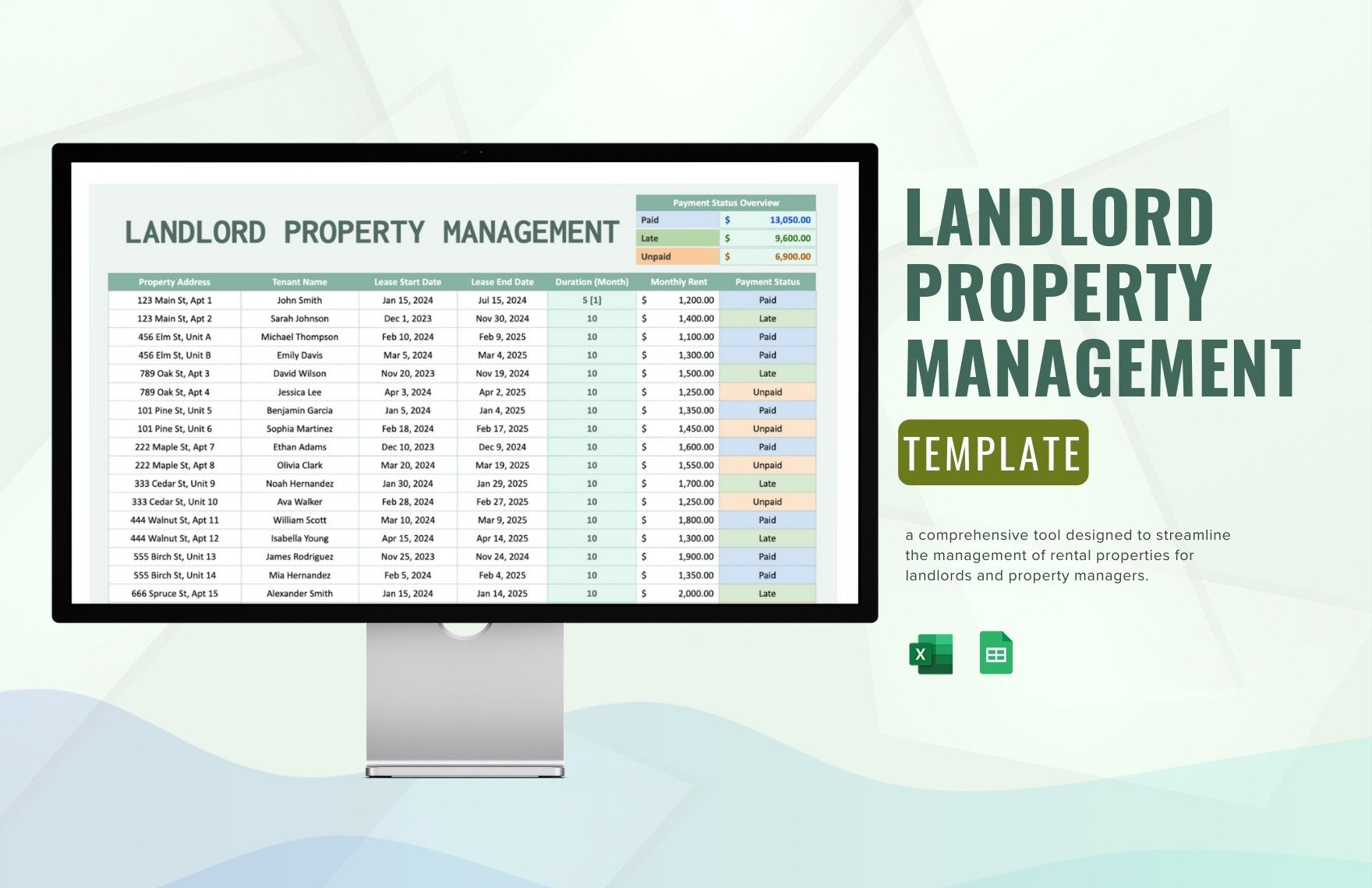 Landlord Property Management Template in Excel, Google Sheets