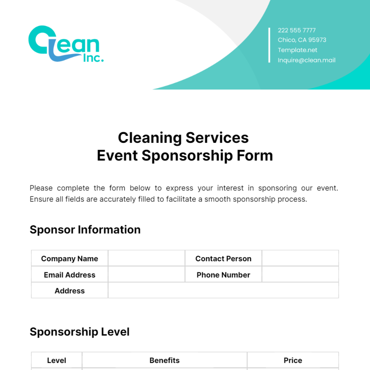 Cleaning Services Event Sponsorship Form Template