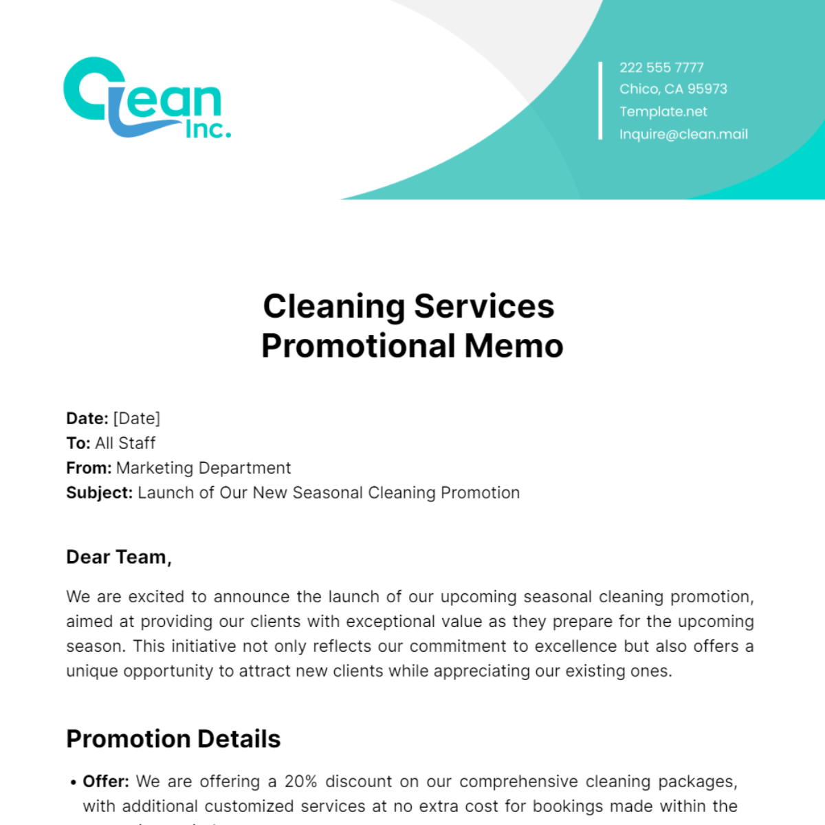 Cleaning Services Promotional Memo Template