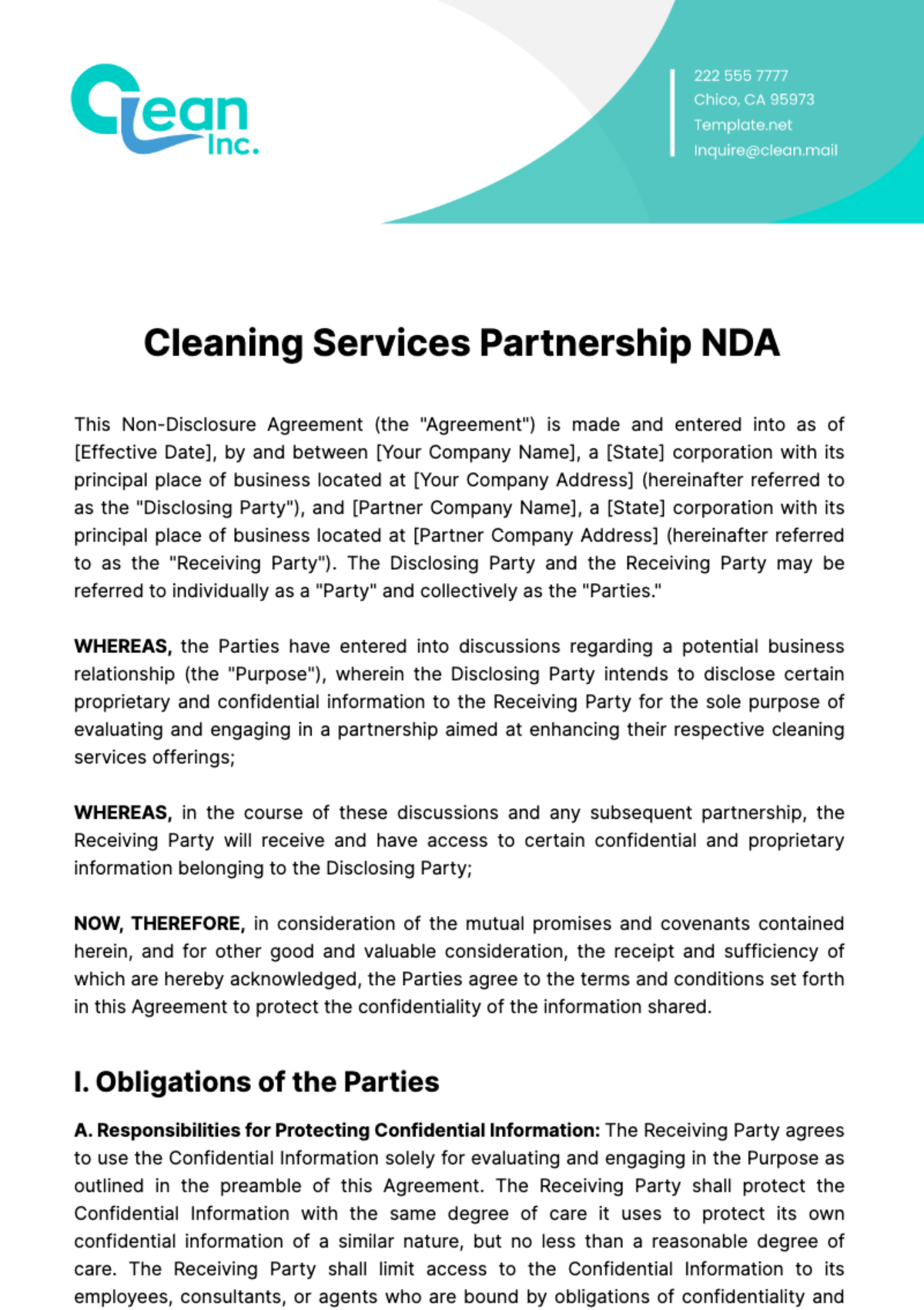 Cleaning Services Partnership NDA Template