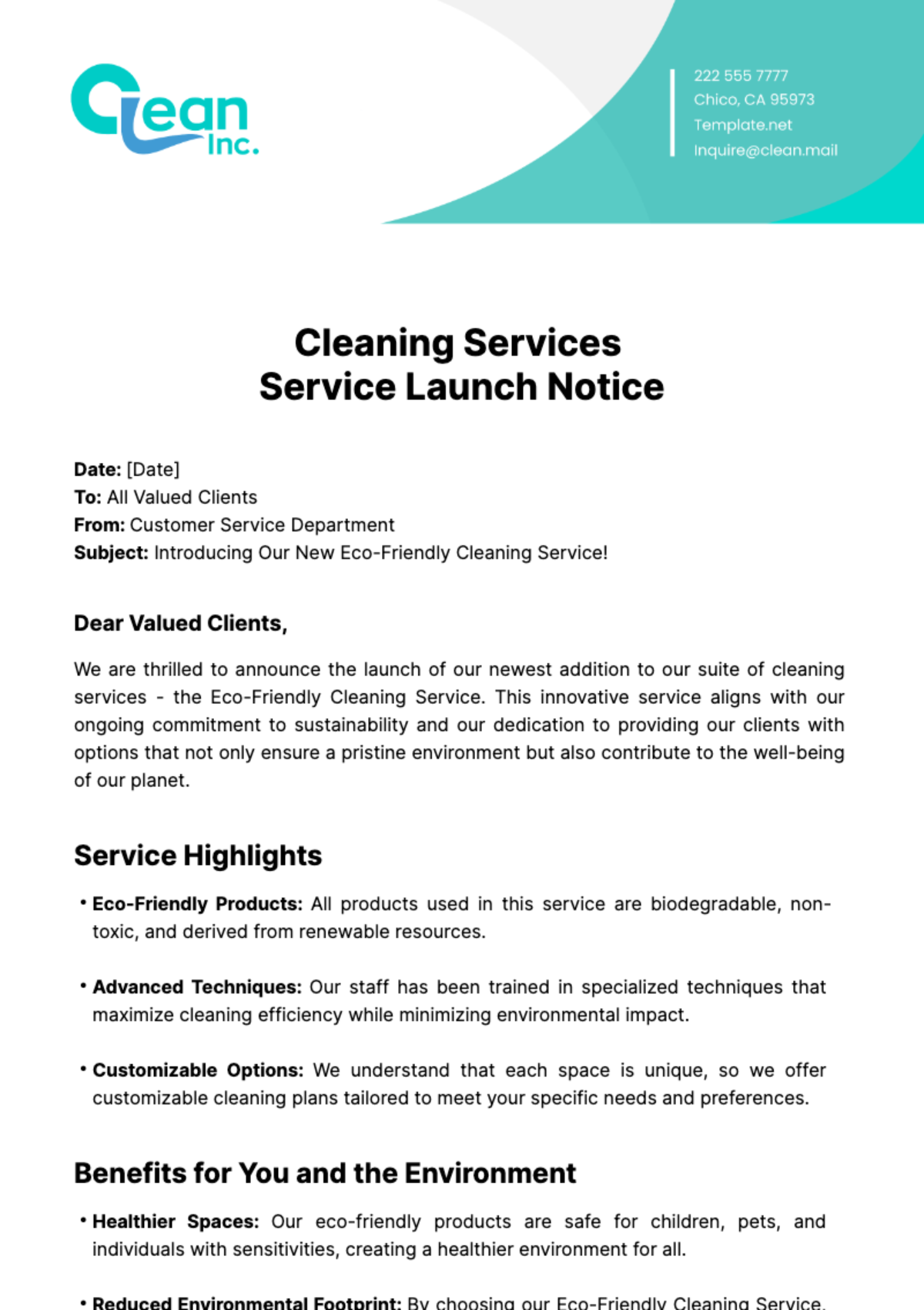 Cleaning Services Service Launch Notice Template