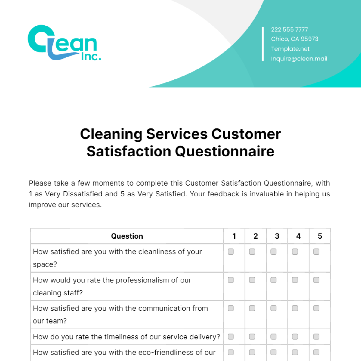 Cleaning Services Customer Satisfaction Questionnaire Template - Edit Online & Download