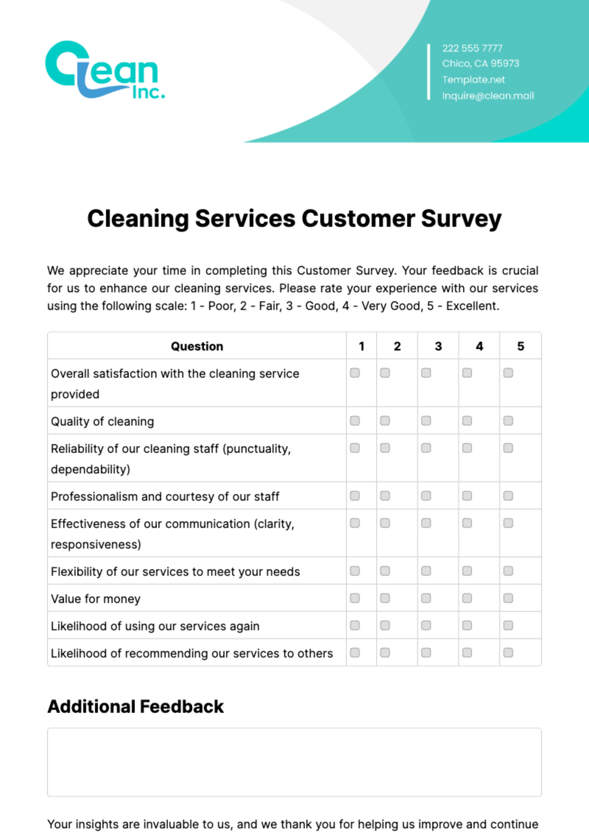 Free Cleaning Services Customer Survey Template