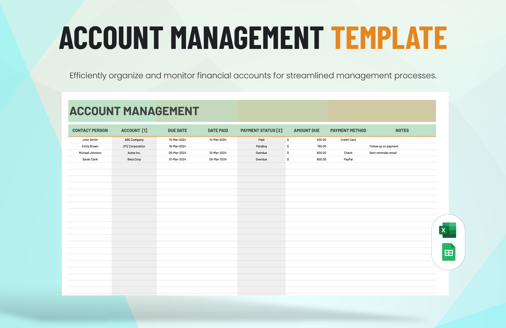 Account Management Template in Excel, Google Sheets