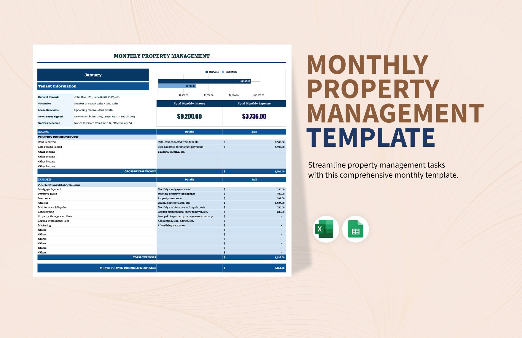 Monthly Property Management Template in Excel, Google Sheets