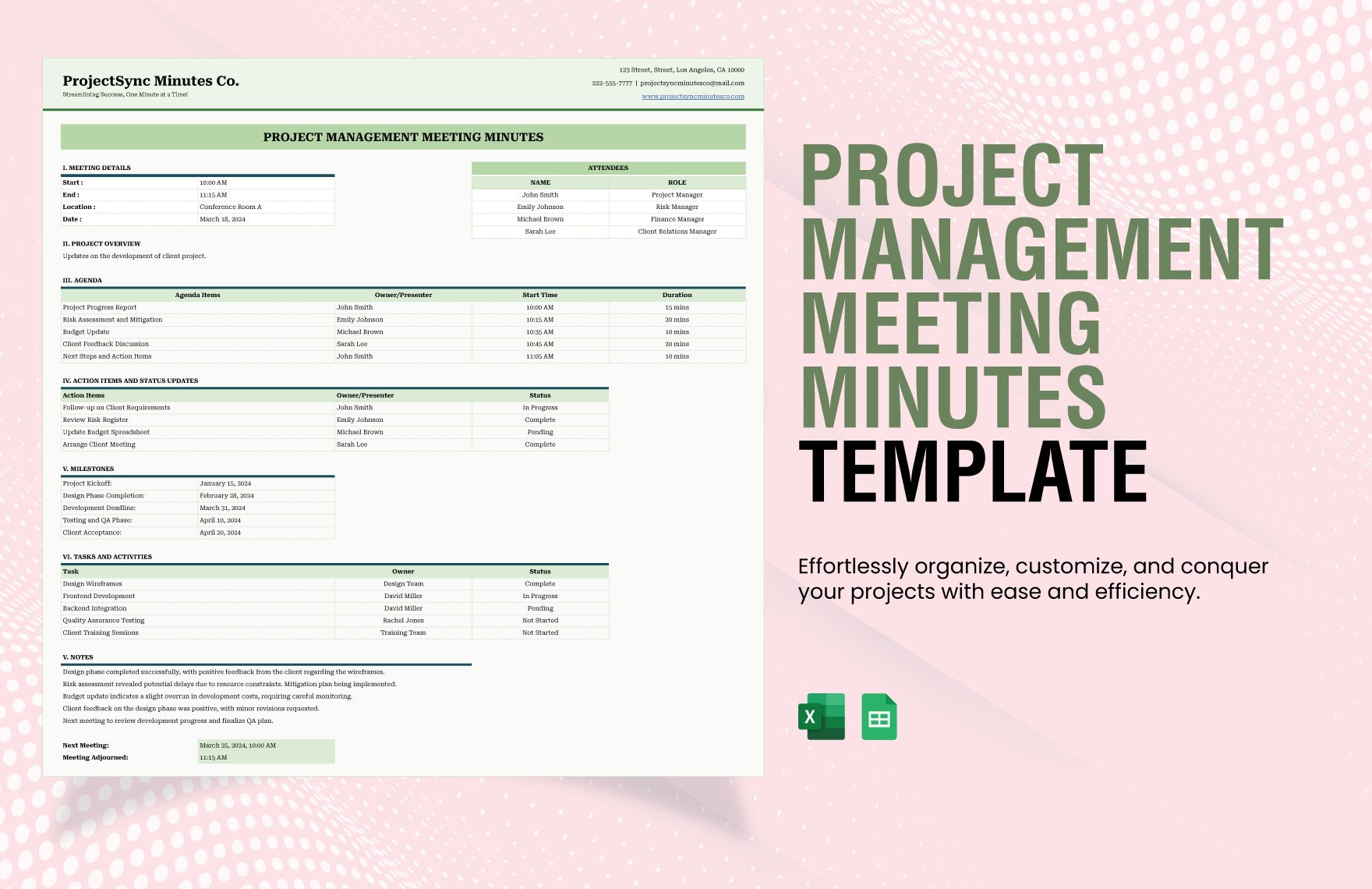 Project Management Meeting Minutes Template in Excel, Google Sheets
