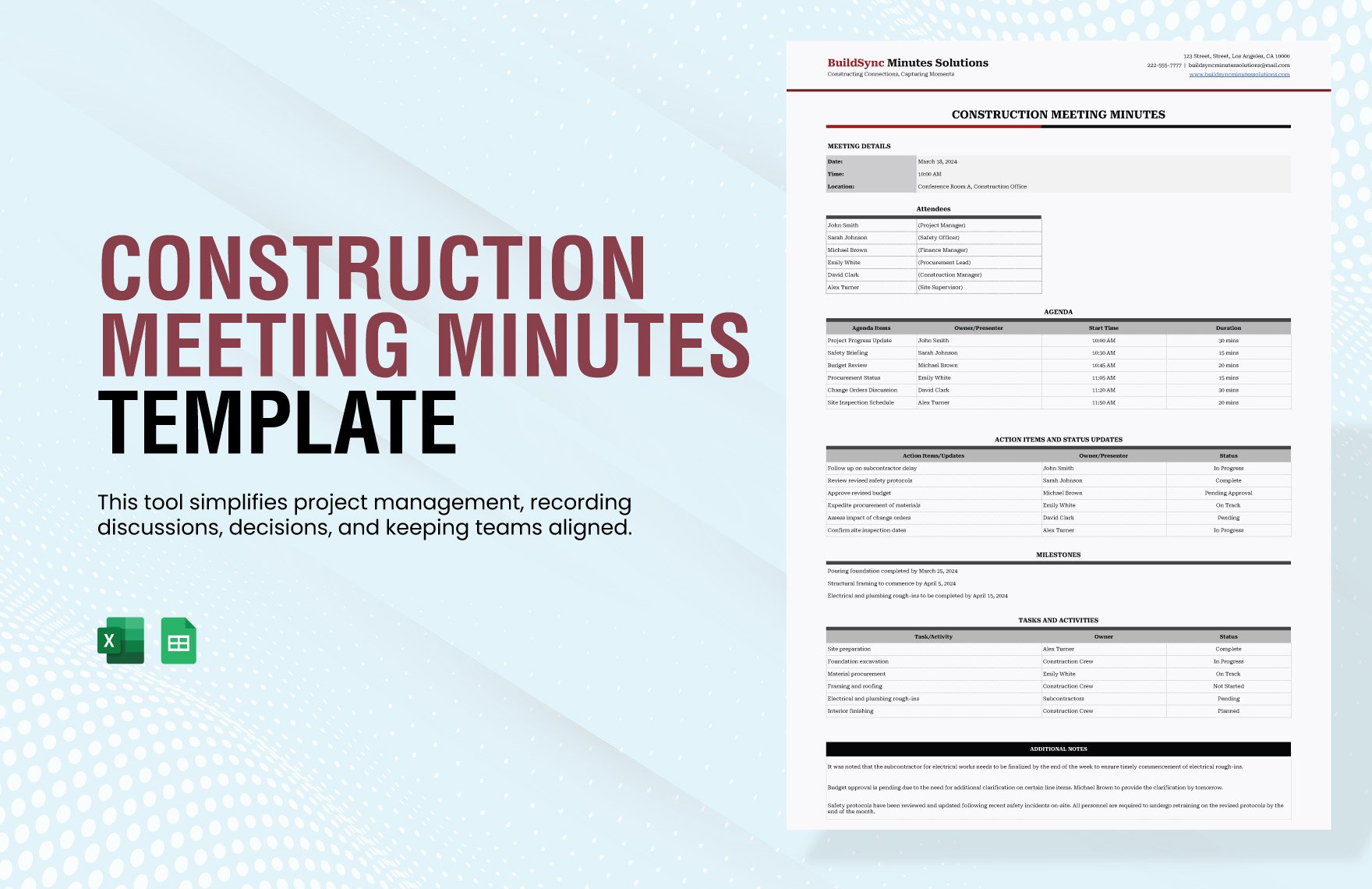 Construction Meeting Minutes Template in Excel, Google Sheets