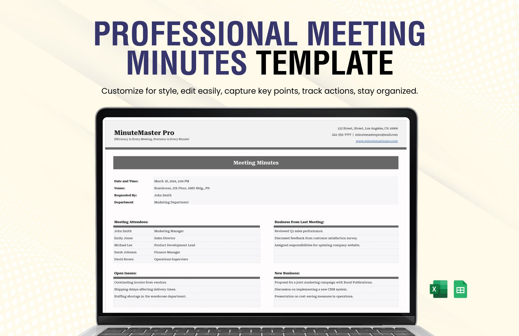 Professional Meeting Minutes Template in Excel, Google Sheets