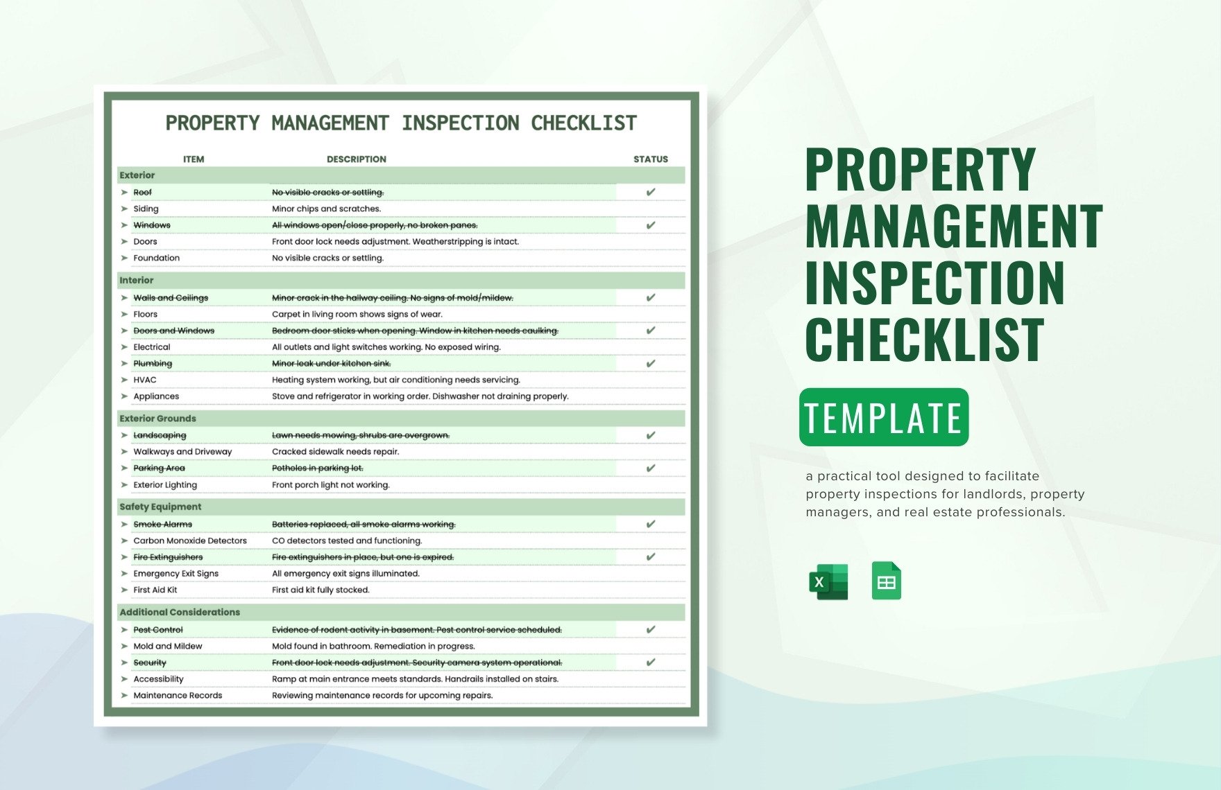 Property Management Inspection Checklist Template in Excel, Google Sheets