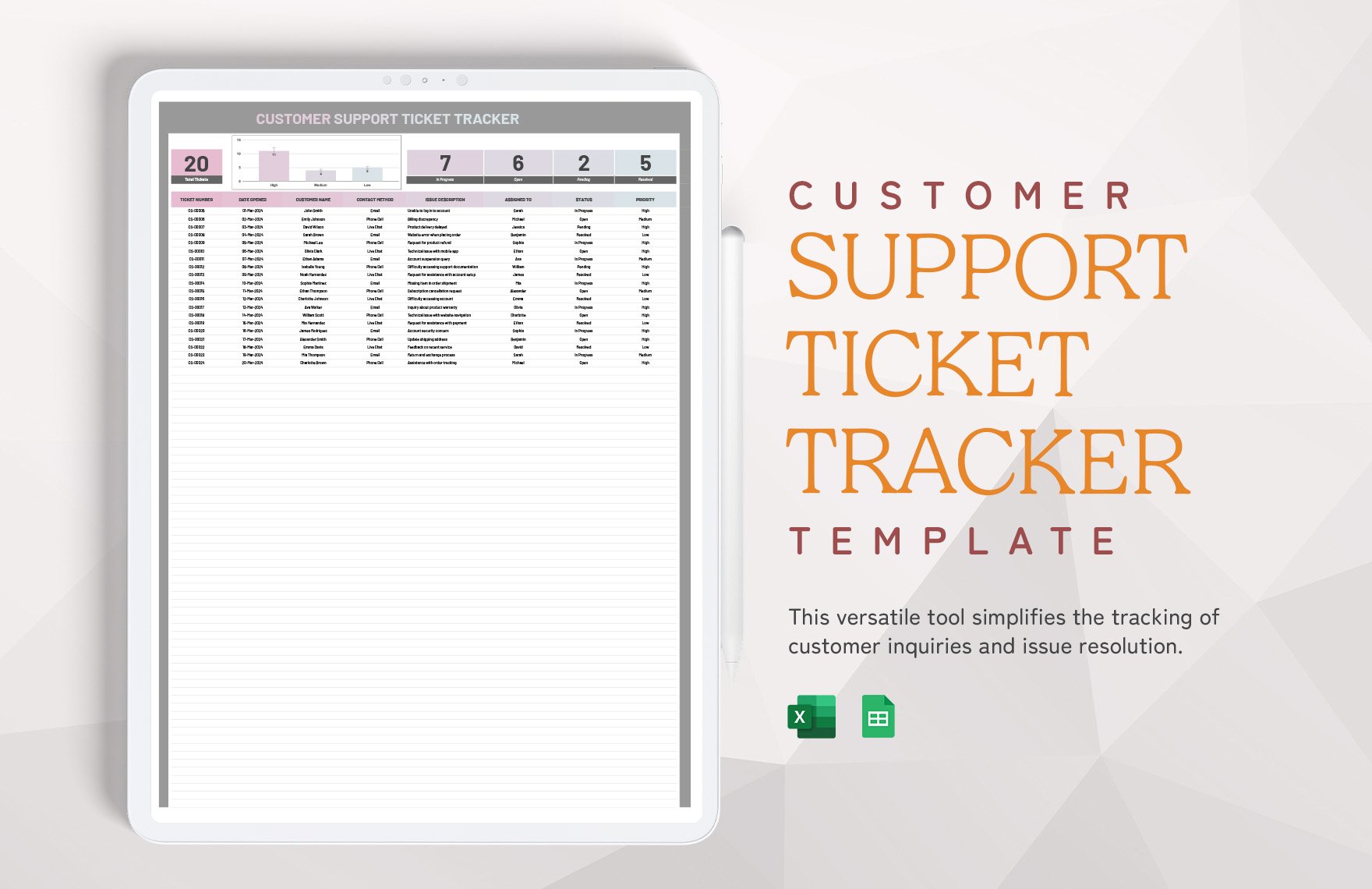 Customer Support Ticket Tracker Template in Excel, Google Sheets