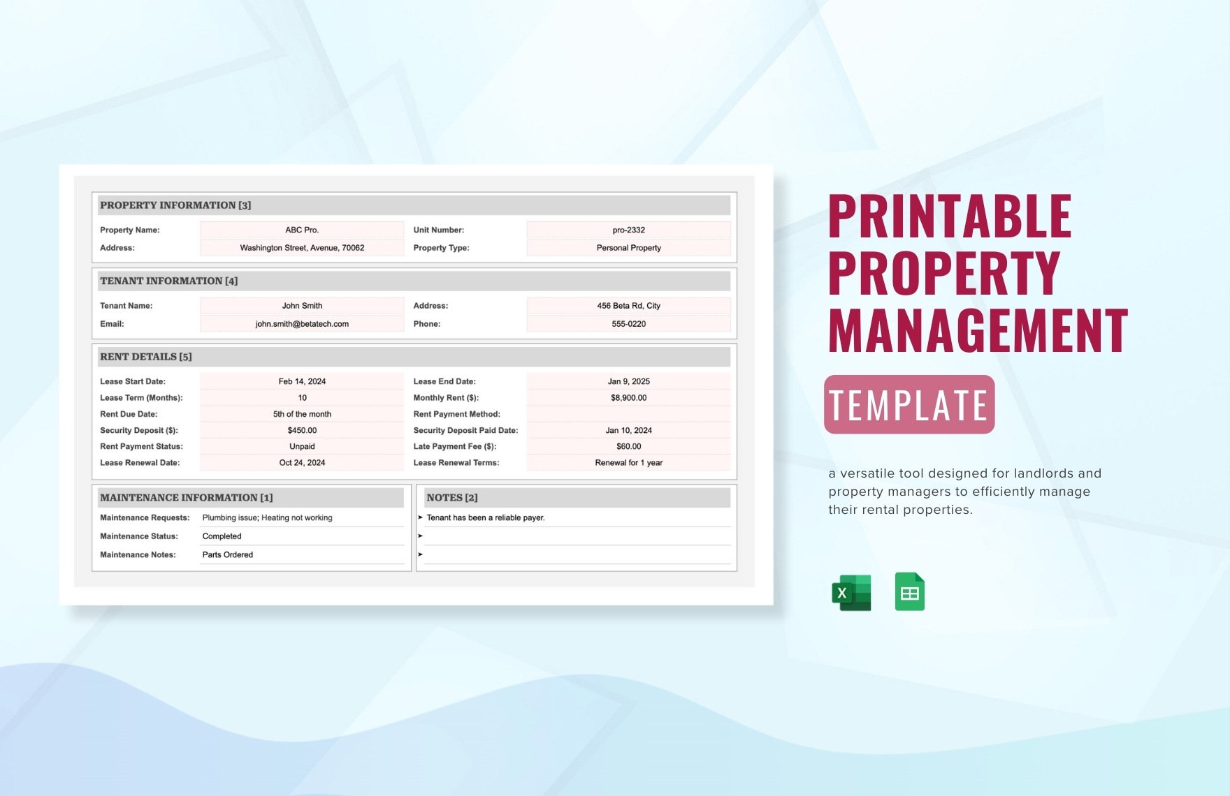 Printable Property Management Template in Excel, Google Sheets