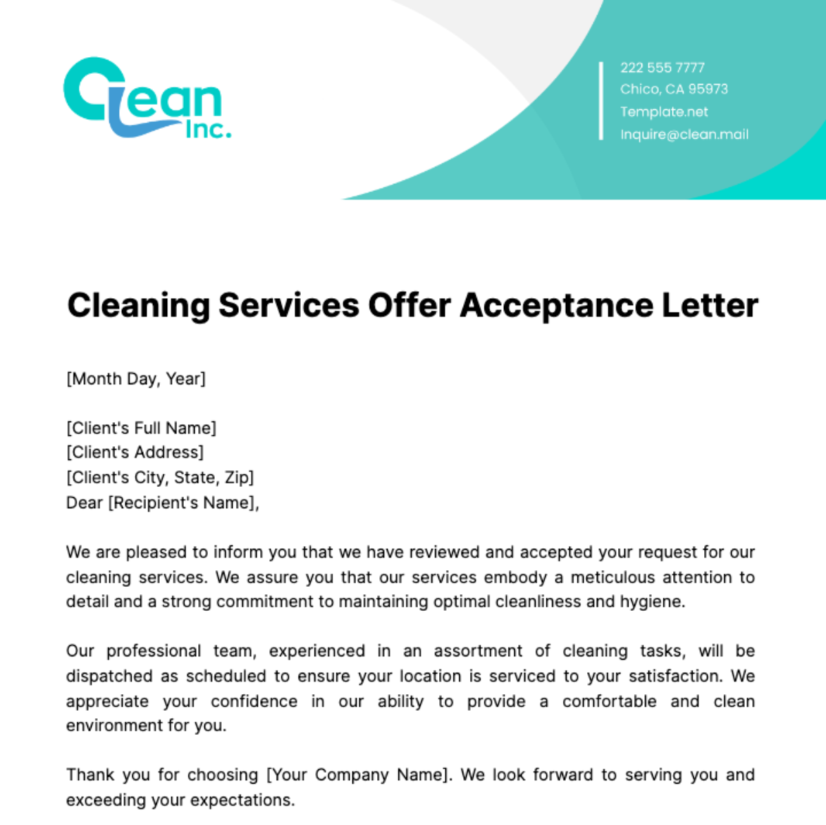 Free Cleaning Services Offer Acceptance Letter Template