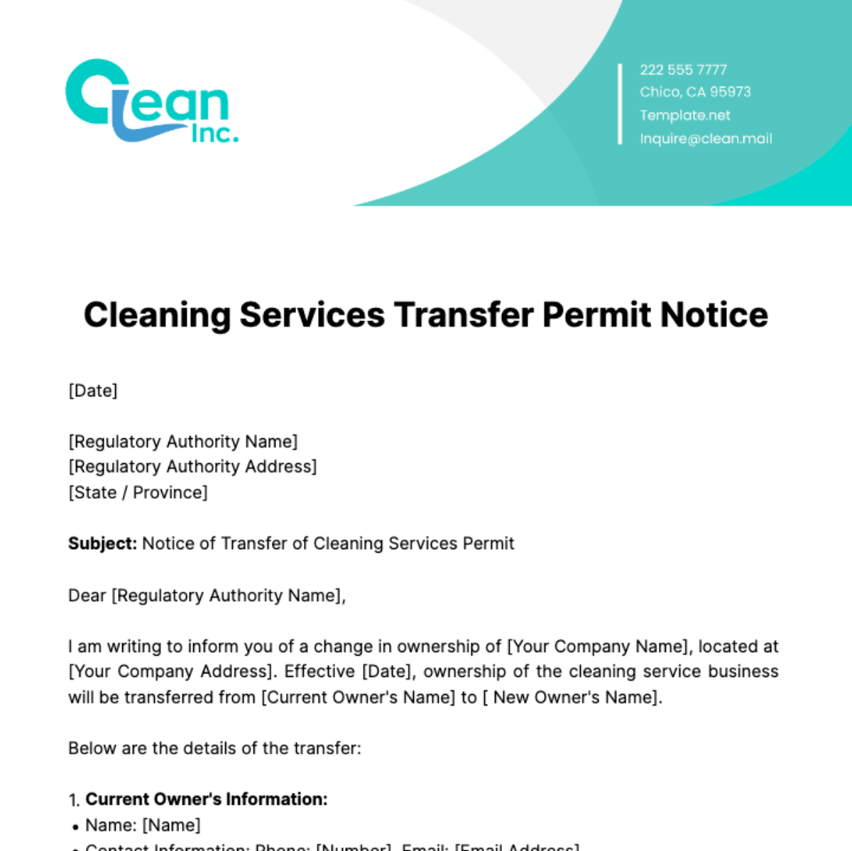 Cleaning Services Transfer Permit Notice Template - Edit Online & Download