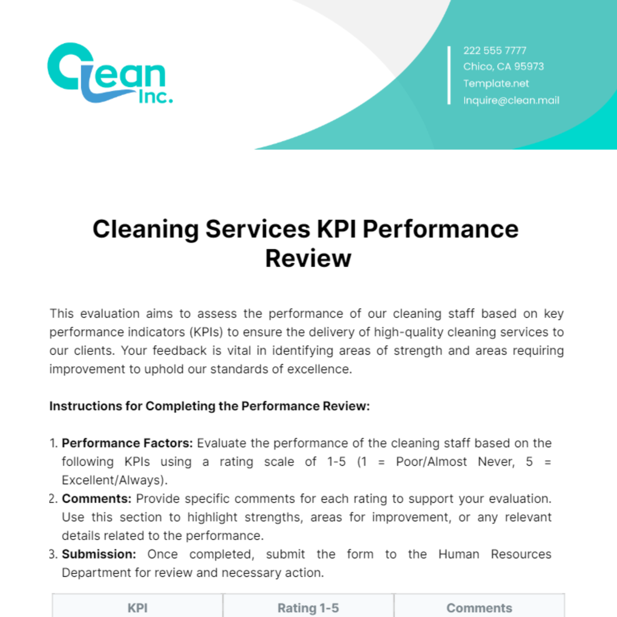 Free Cleaning Services KPI Performance Review Template