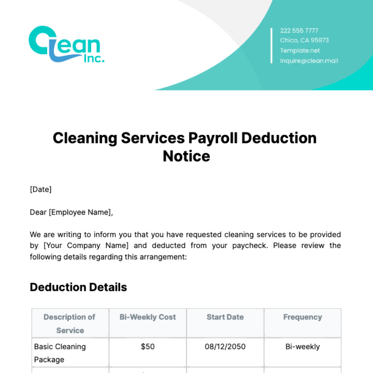 Cleaning Services Payroll Deduction Notice Template - Edit Online & Download