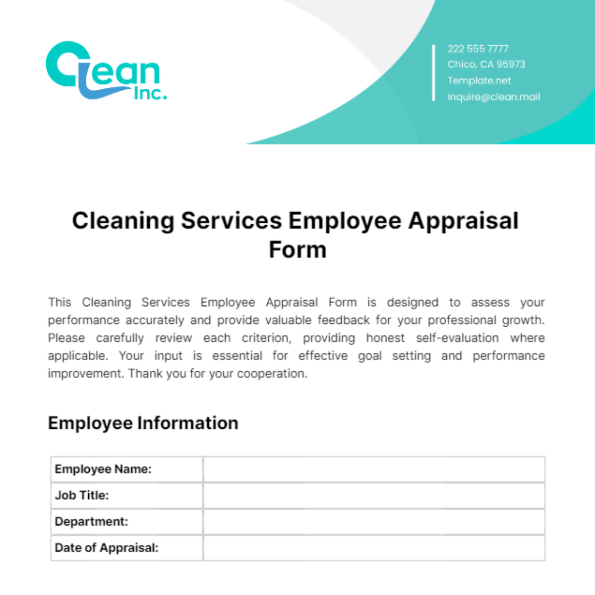 Cleaning Services Employee Appraisal Form Template