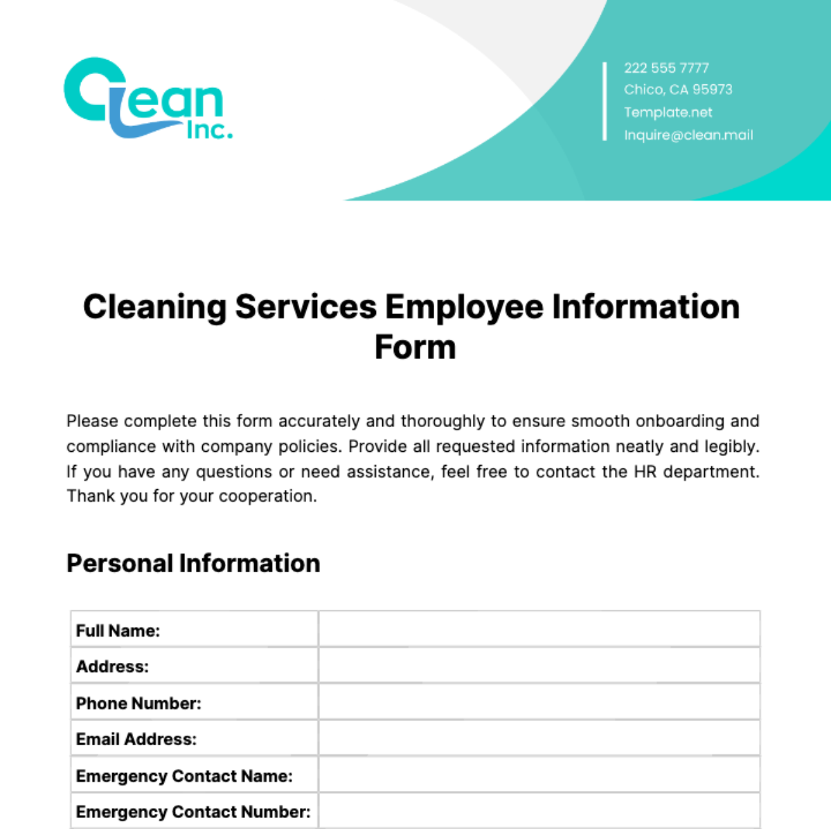 Cleaning Services Employee Information Form Template