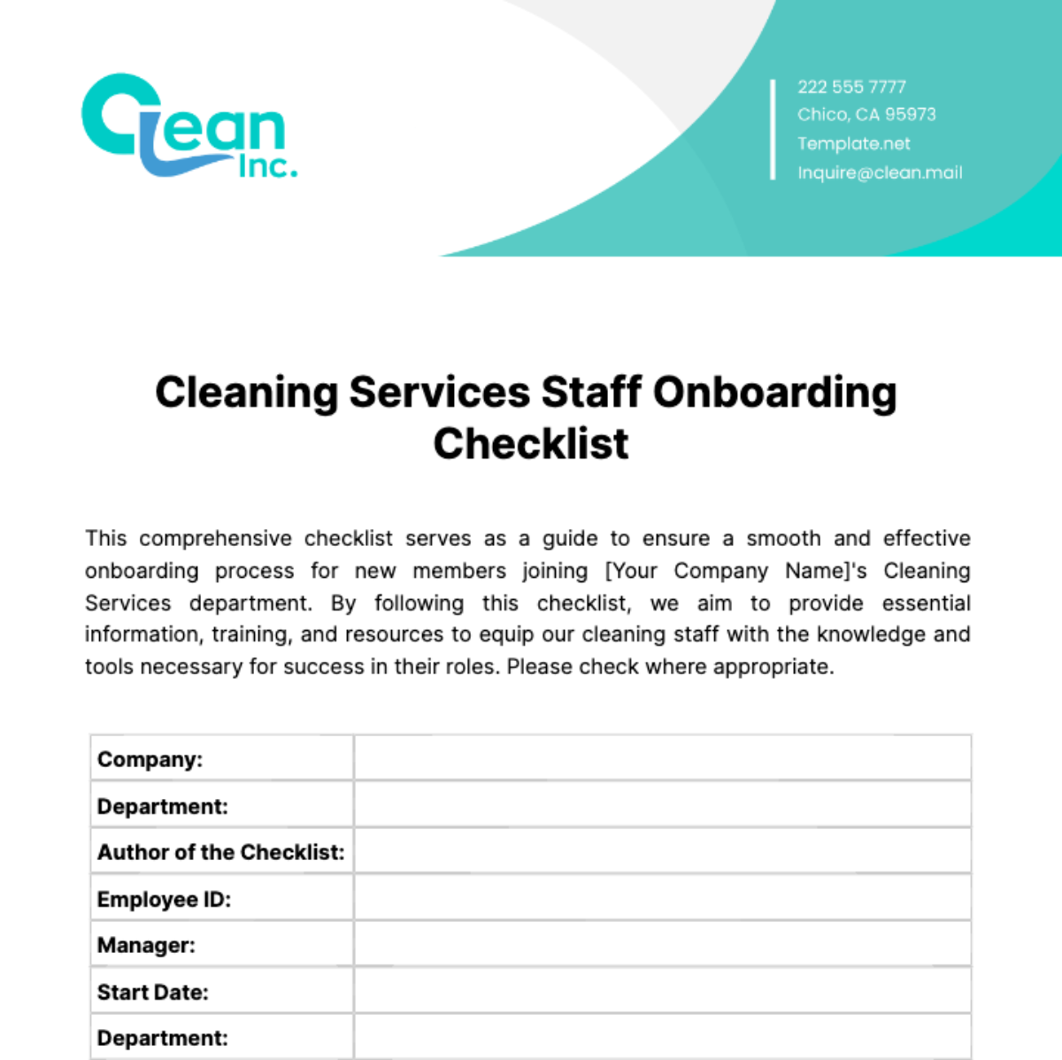 Cleaning Services Staff Onboarding Checklist Template - Edit Online & Download