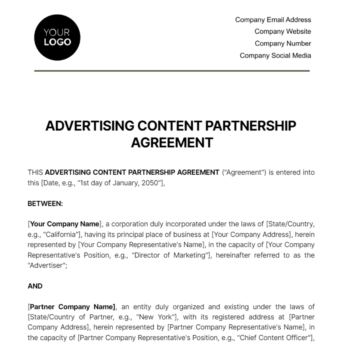 Advertising Content Partnership Agreement Template
