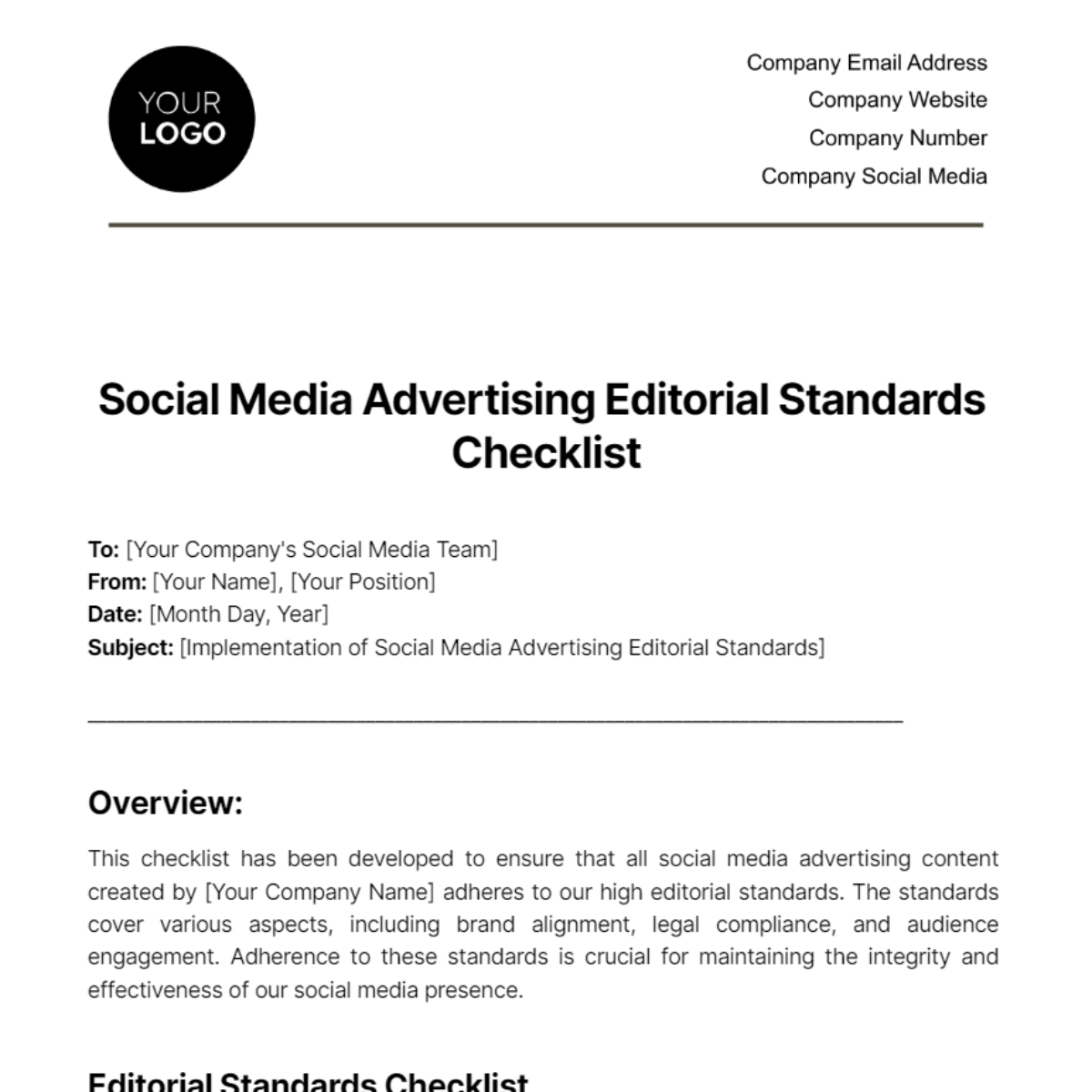 Social Media Advertising Editorial Standards Checklist Template