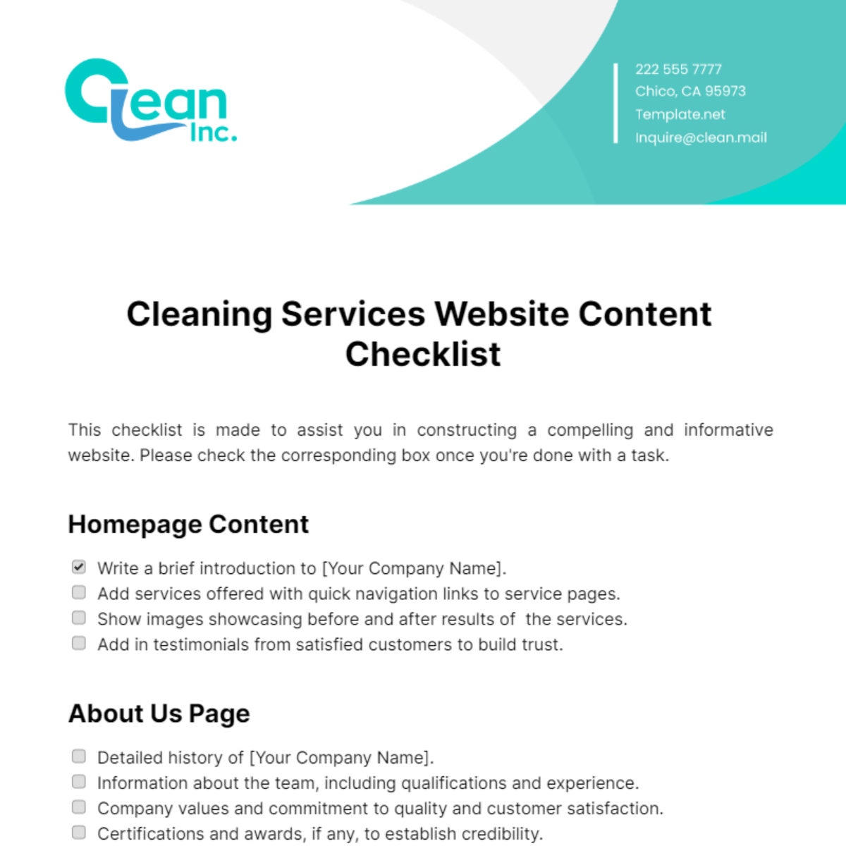 Cleaning Services Website Content Checklist Template