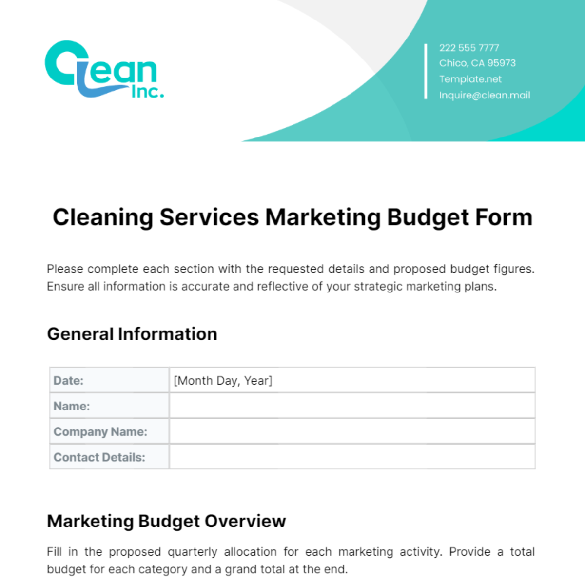 Free Cleaning Services Marketing Budget Form Template