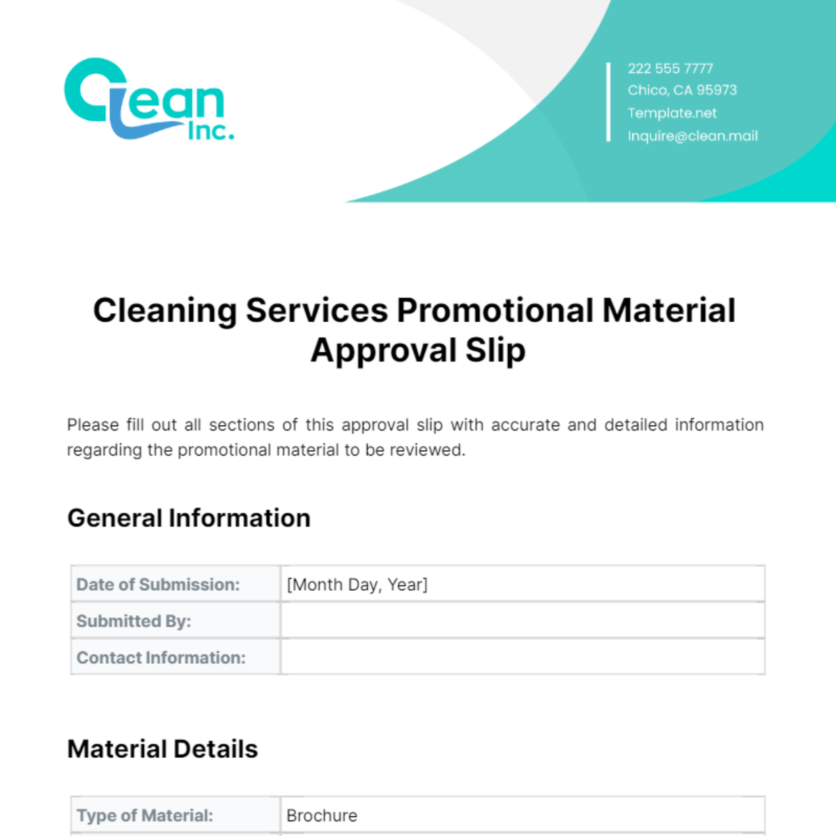 Cleaning Services Promotional Material Approval Slip Template