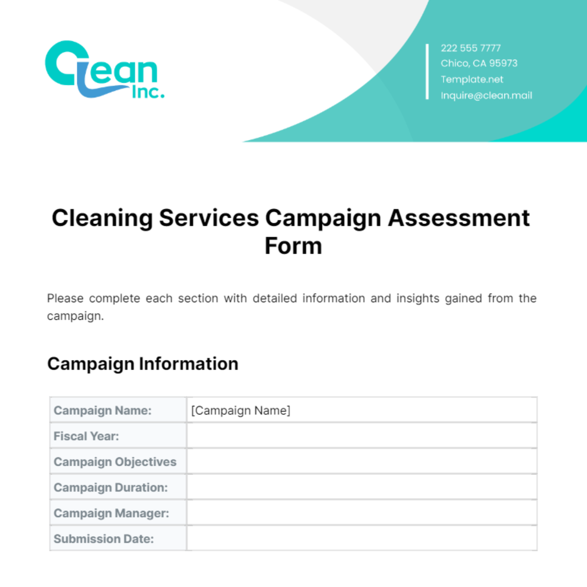 Free Cleaning Services Campaign Assessment Form Template