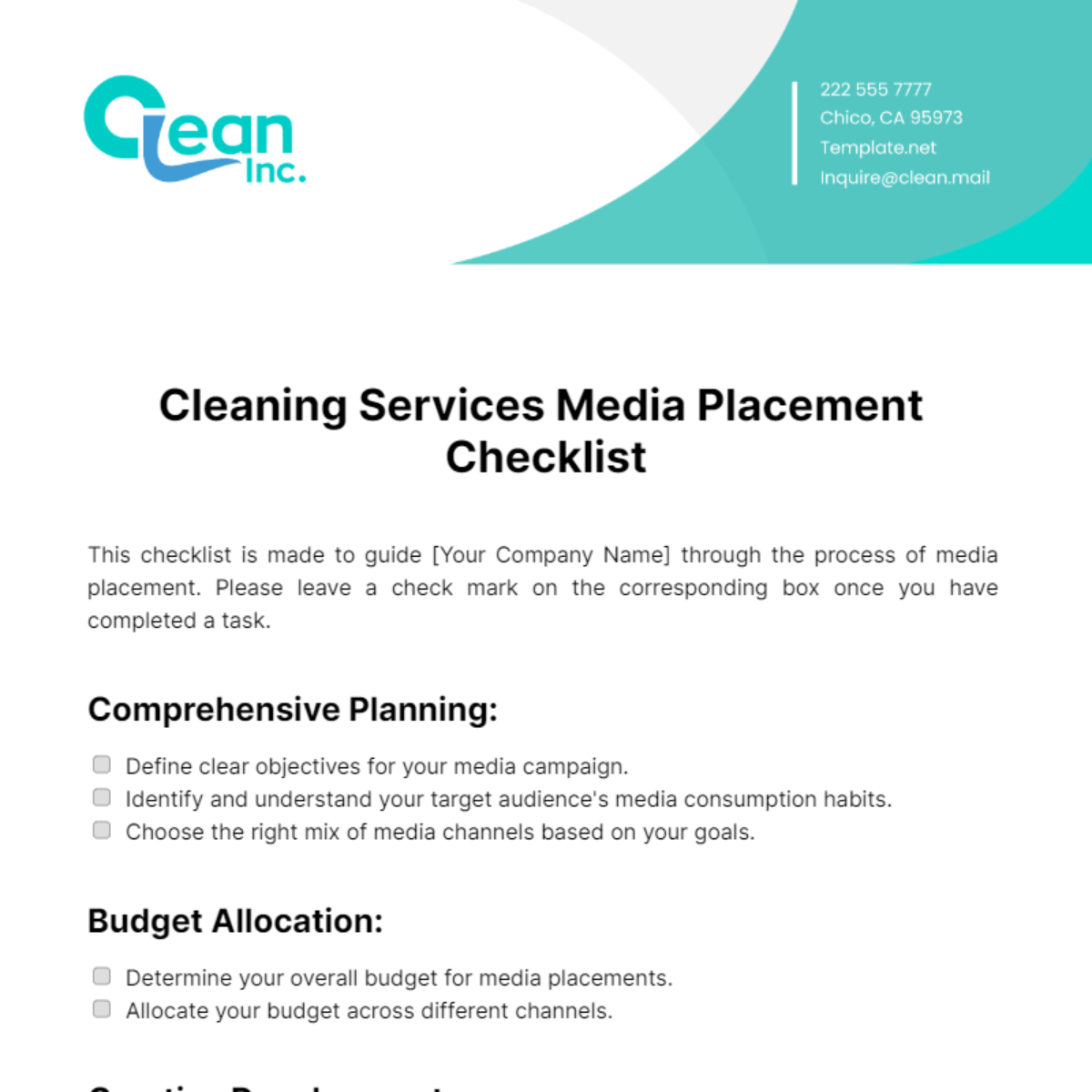 Free Cleaning Services Media Placement Checklist Template